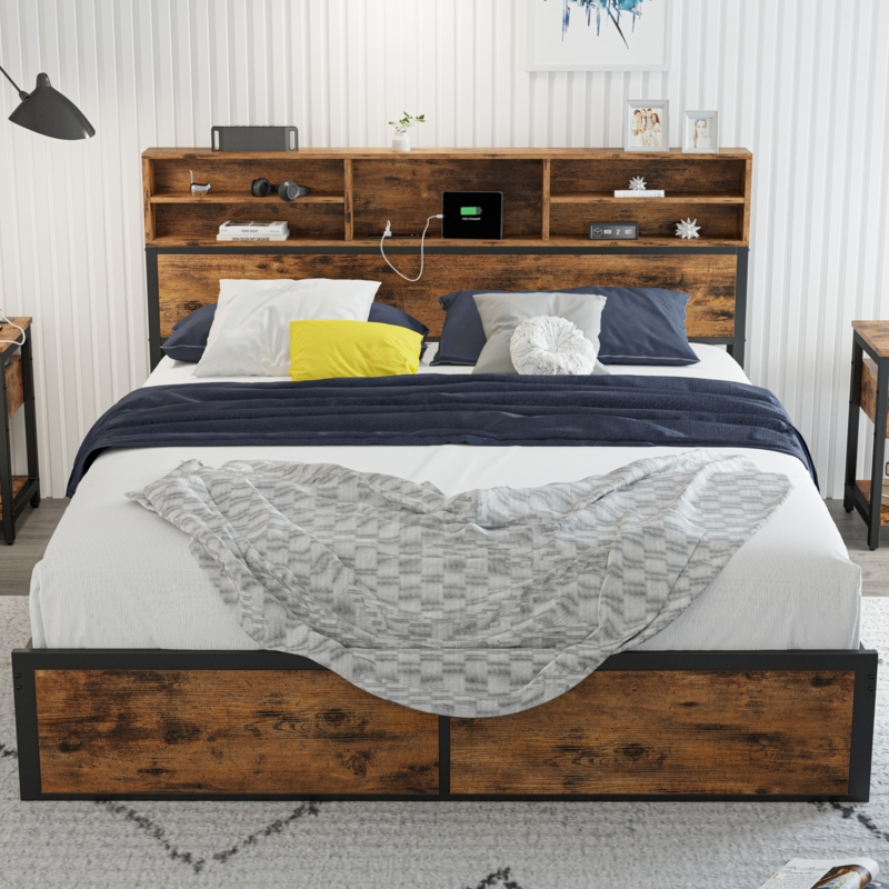 Storage Platform Bed Frame with Charging Station