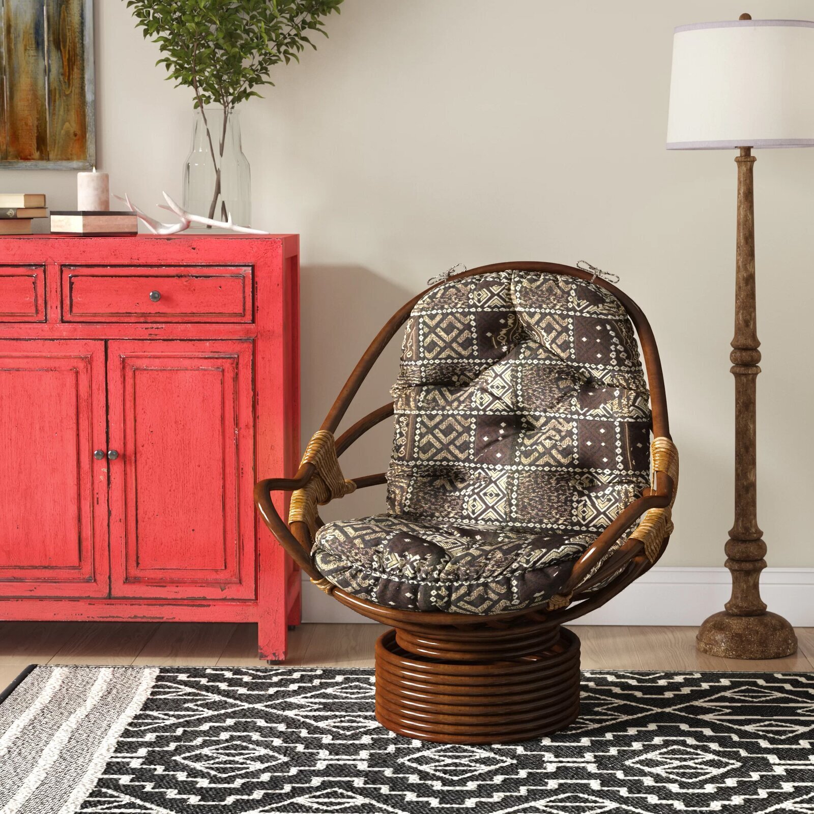 Swivel Rattan Patchwork Armchair 
