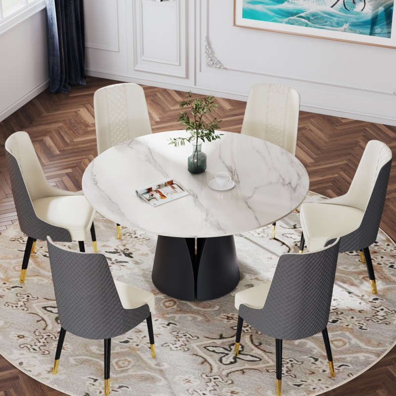 Teferi Modern Round Dining Table with White Sintered Stone Tabletop, Solid Carbon Steel Base