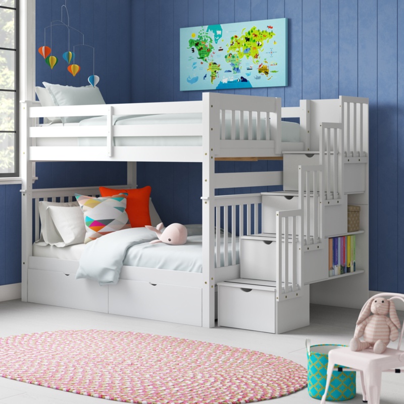 Tena Solid Wood Standard Bunk Beds with Stairway & 2 Under Bed Drawers