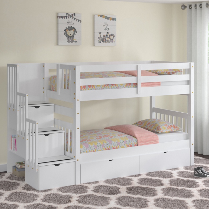 Tena Twin over Twin 3 Drawer Solid Wood Standard Bunk Beds with Stairway & 2 Under Bed Drawers