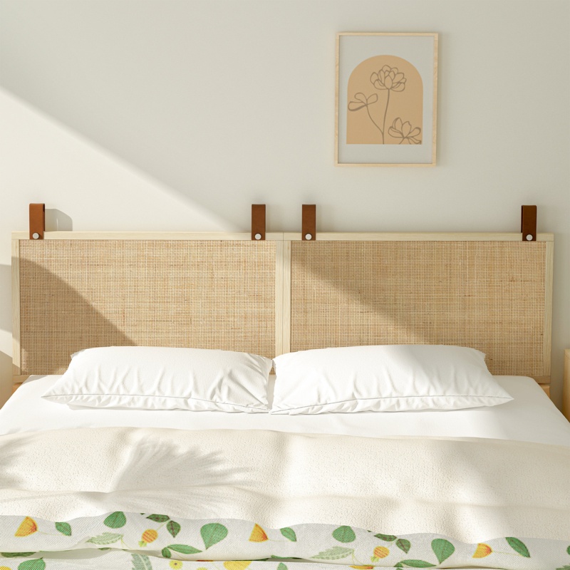 Terron Rattan Wall-Mounted Headboard, Natural Wood Decorative Panel, 2 Faux PU Leather Trim Strips