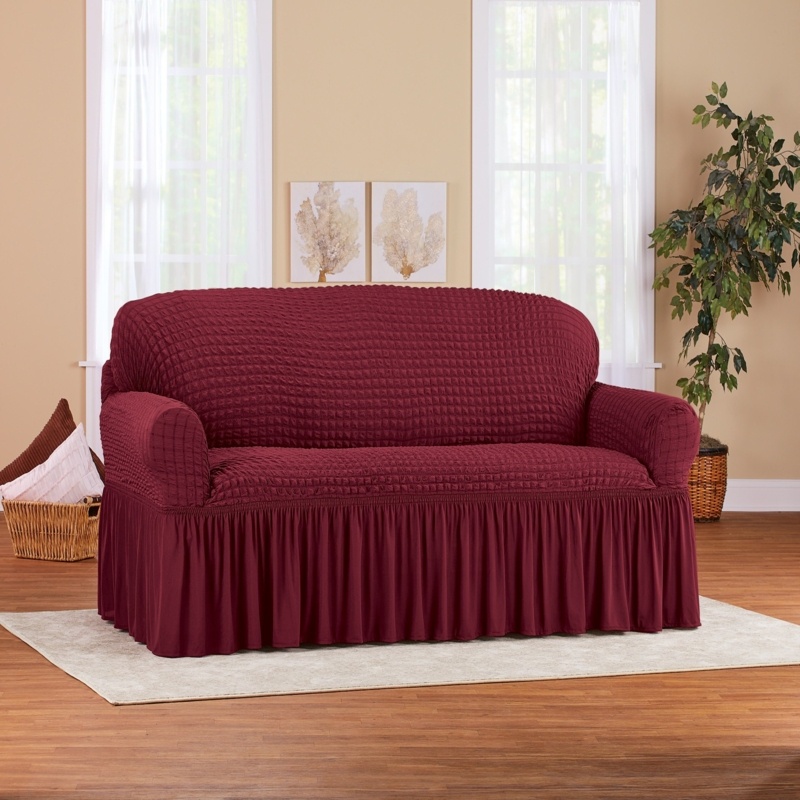 Textured Squares Ruffled Box Cushion Loveseat Slipcover