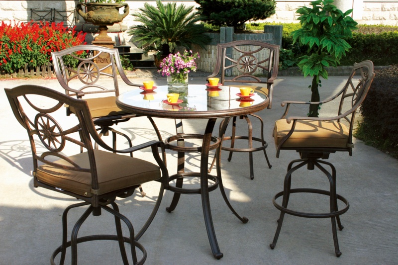 Thompsontown 5-Piece Patio Glass Top Bar Set with Cushions and 42'' Round Glass Top Bar Table