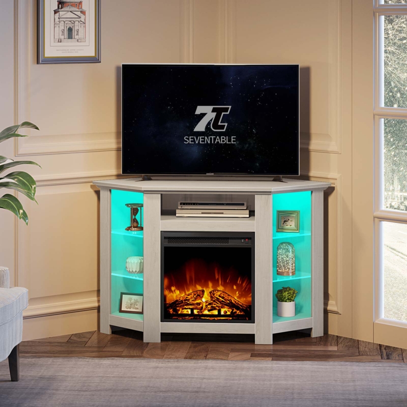 Corner TV Stand with LED Lights and Fireplace