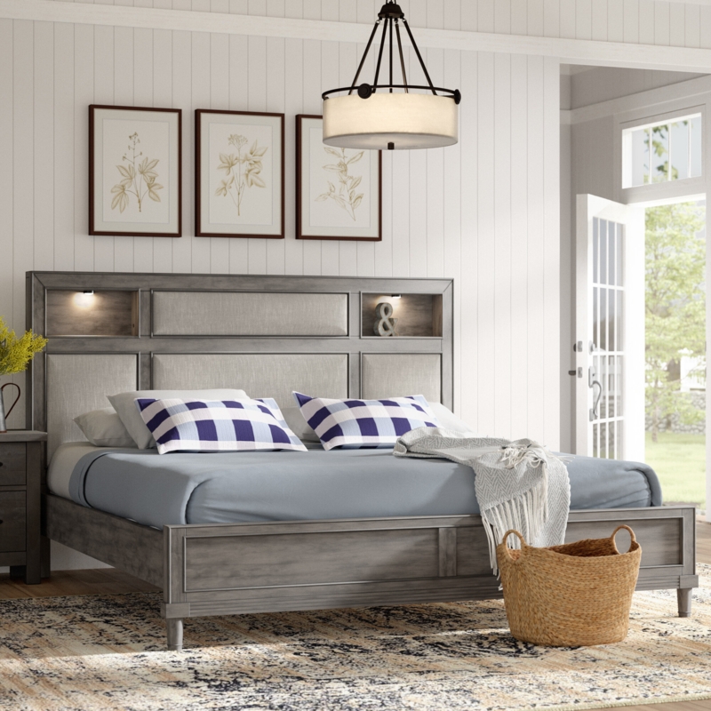 Rustic Gray Platform Bed with Padded Headboard