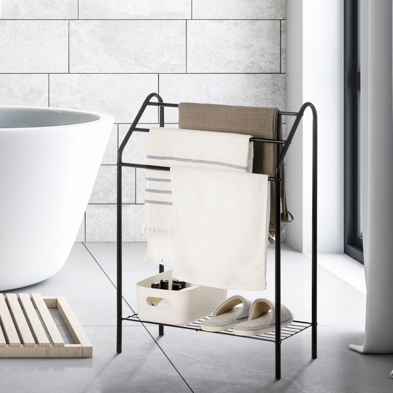 Matte Black Metal Towel Holder with Bottom Shelf