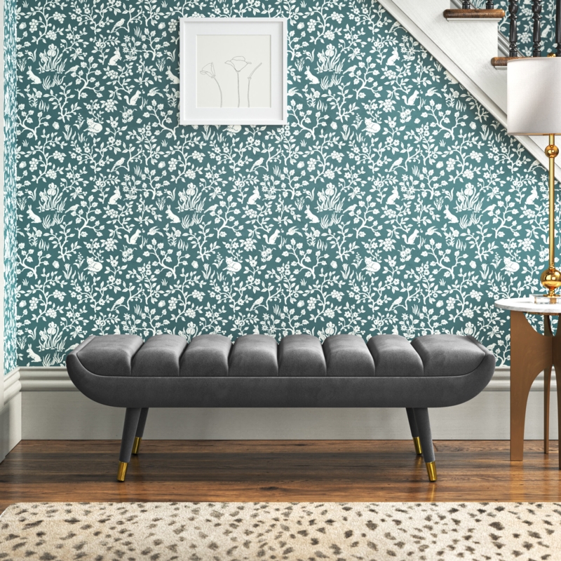 Velvet Upholstered Accent Bench with Gold Metal Foot Sleeves