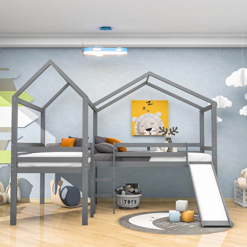 Twin Size Wooden House Loft Bed with Slide