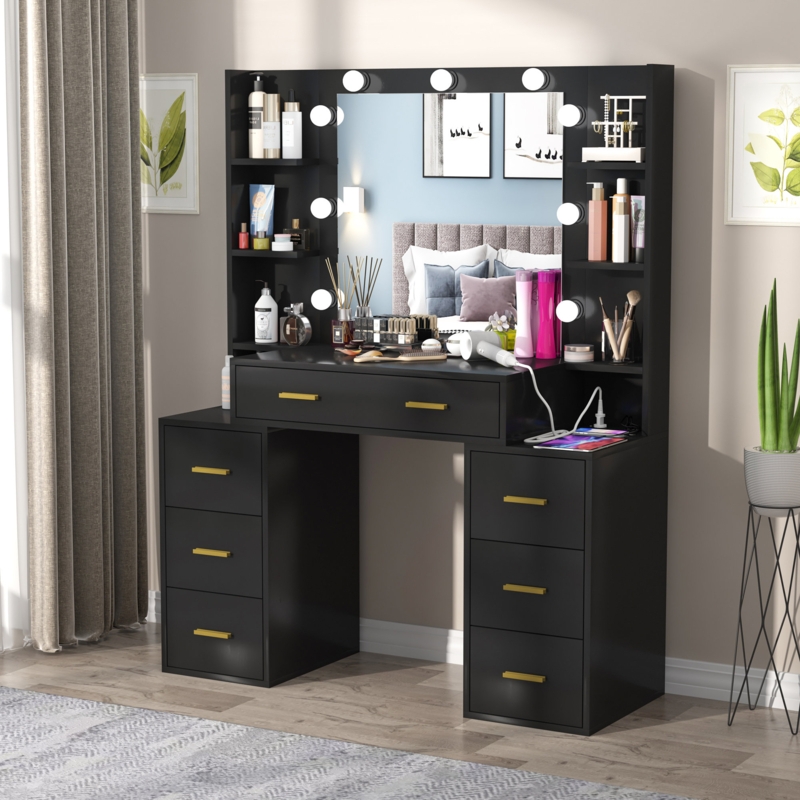 Vanity Desk with LED Lights and Large Mirror