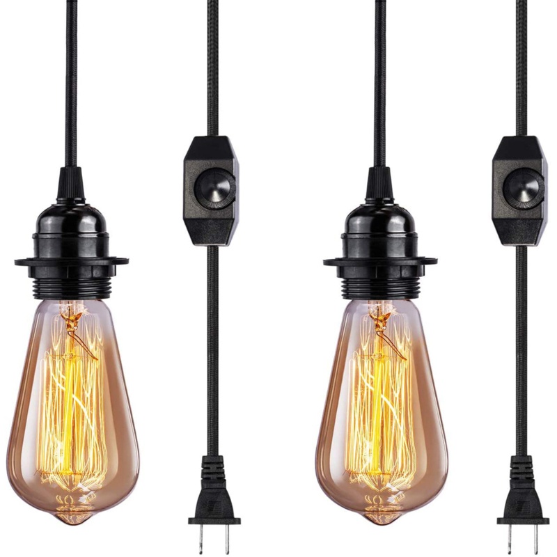 Vintage Plug in Hanging Light Kit, Elibbren Industrial Style Pendant Lighting E26 E27 Lamp Socket 12.14FT Twisted Textile Black Cord with Dimmable On/Off Switch Plug in Lamp Fixture 2 Pack
