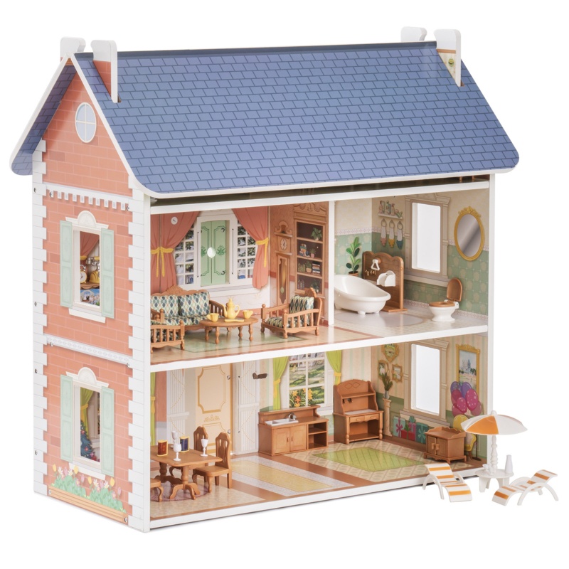 Vintage Wooden Dollhouse For Kids With Furniture Accessories For Birthday And Christmas,Brick Red