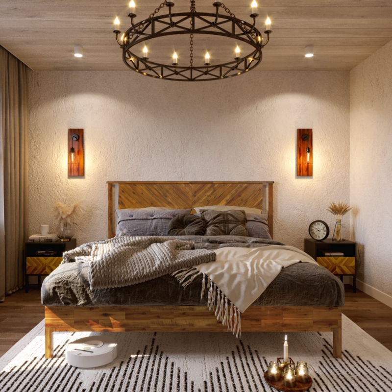 Solid Wood Platform Bed with Herringbone Headboard
