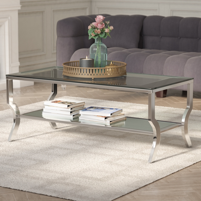 Glamorous Chrome Coffee Table with Glass Shelves