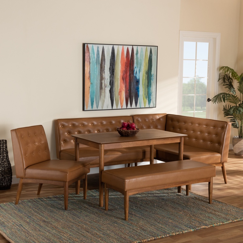 Wedgeport Mid-Century Modern Dark Brown Faux Leather Upholstered And Walnut Brown Finished Wood 5-Piece Dining Nook
