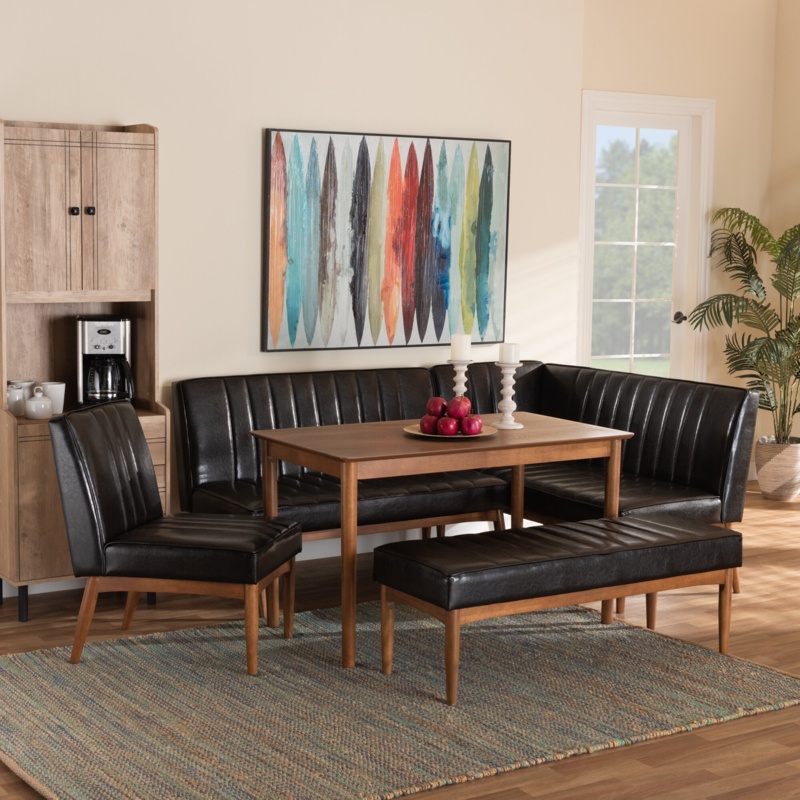 Westview Mid-Century Modern Tan Faux Leather Upholstered And Walnut Brown Finished Wood 5-Piece Dining Nook Set
