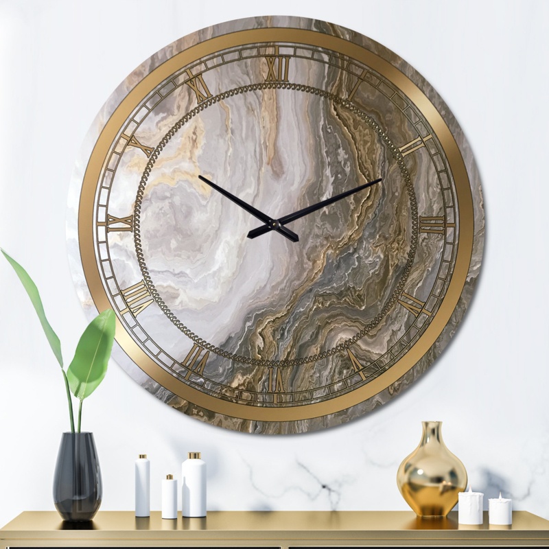 White Marble with Curley Gray and Gold Veins - Glam wall clock