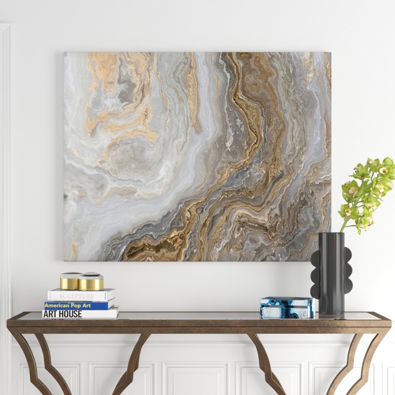 White Marble With Curley Gray And Gold Veins - Wrapped Canvas Painting