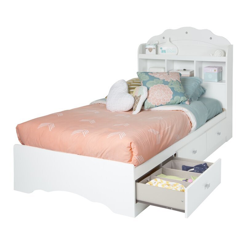 White twin bed with bookcase headboard