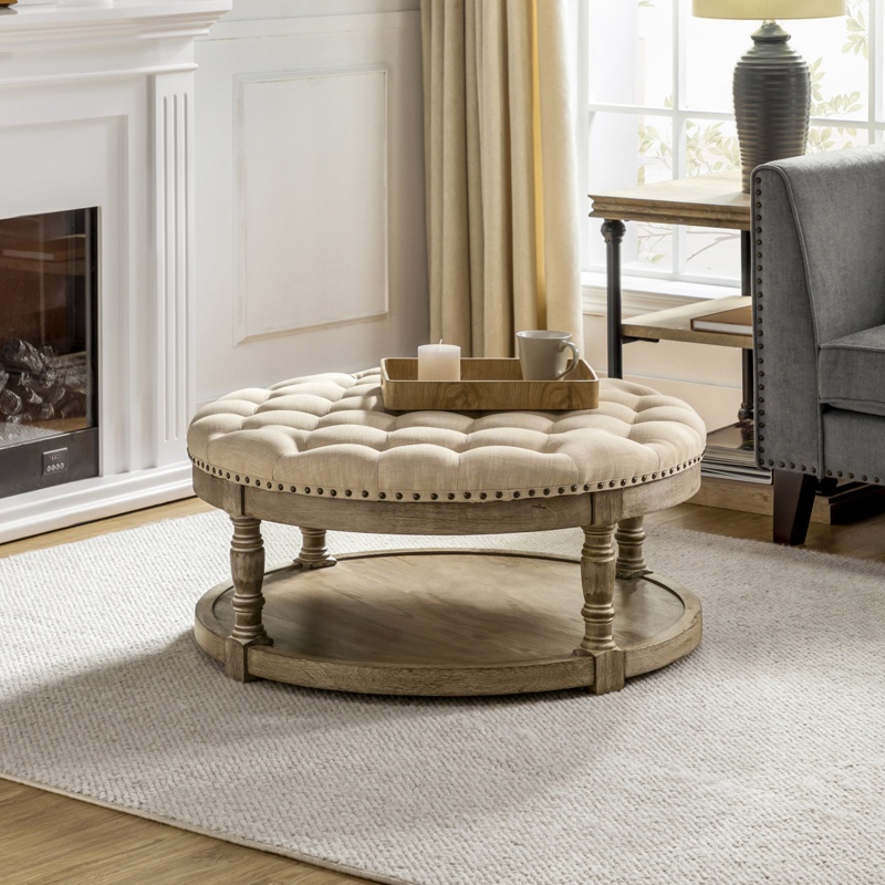 Round Cocktail Ottoman with Storage Shelf