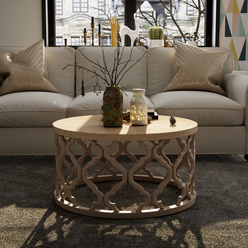 Windfield Farmhouse Round Coffee Table, Rustic Distressed Wood Top Table with Frame Base