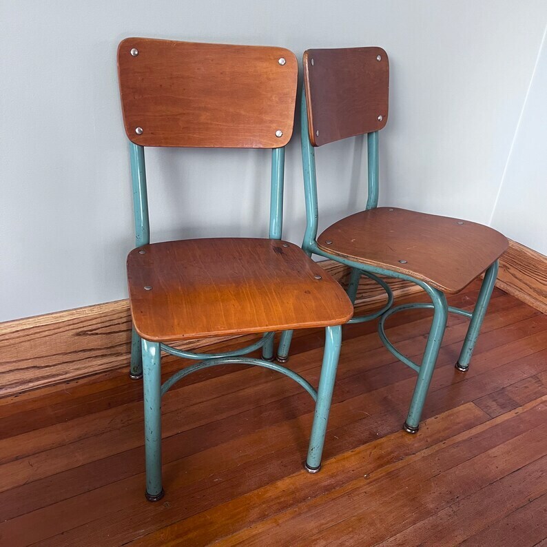 Wood and Metal School Chairs With Blue Legs