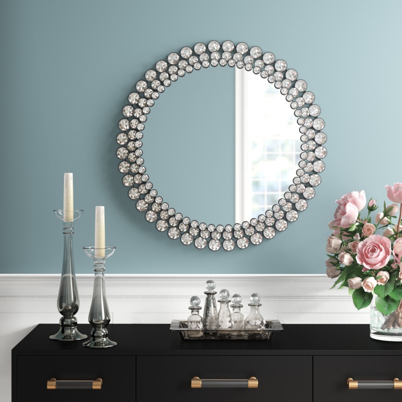 Wykoff Crystal Beaded Jeweled Round Wall Mount Mirror, Silver