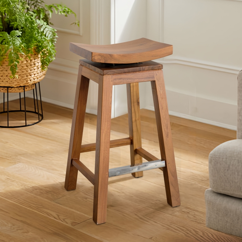 Handmade Teak Wood Bar Stool with 360-degree Swivel