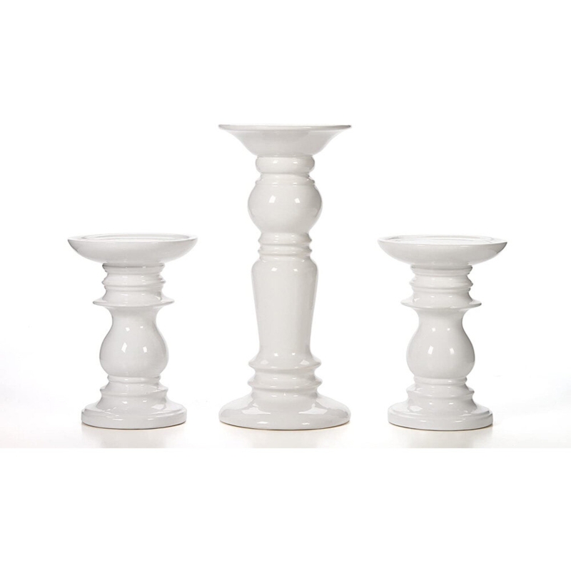 Set of 3 Ceramic White Pillar Candle Holders