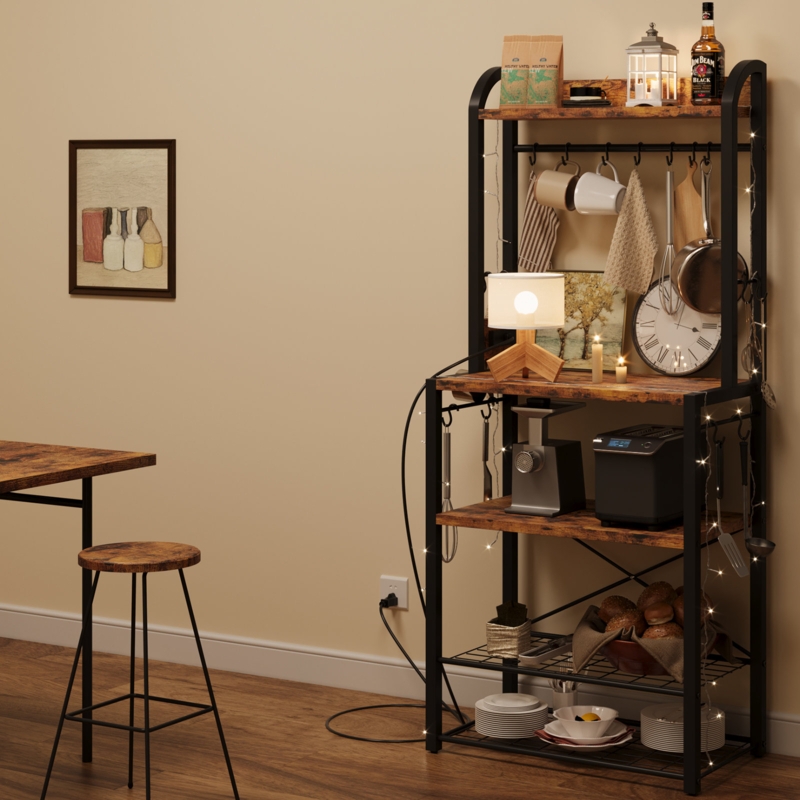 Industrial Bakers Rack with Vintage Wood Buffet Cabinet