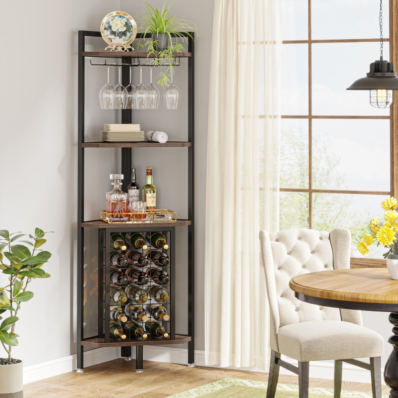 Corner Wine Rack with Storage and Glass Holders