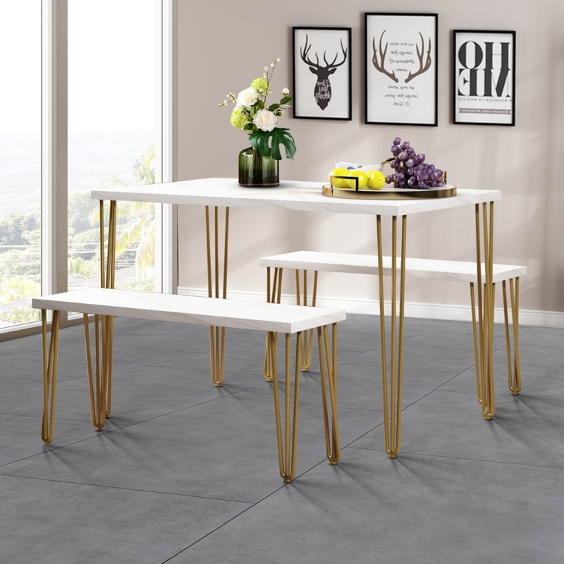 Steel Frame Dining Table Set with Benches