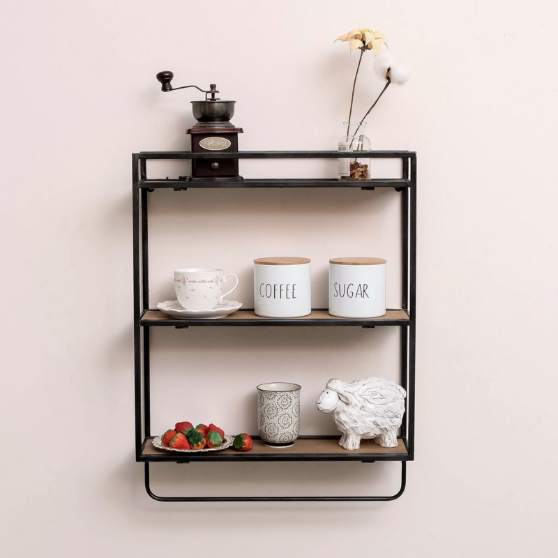 3-Tier Wood & Metal Wall Shelf