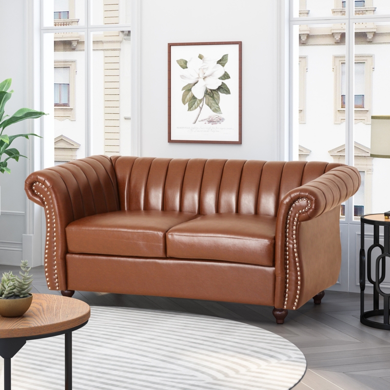 Elegant Upholstered Loveseat with Nailhead Trim