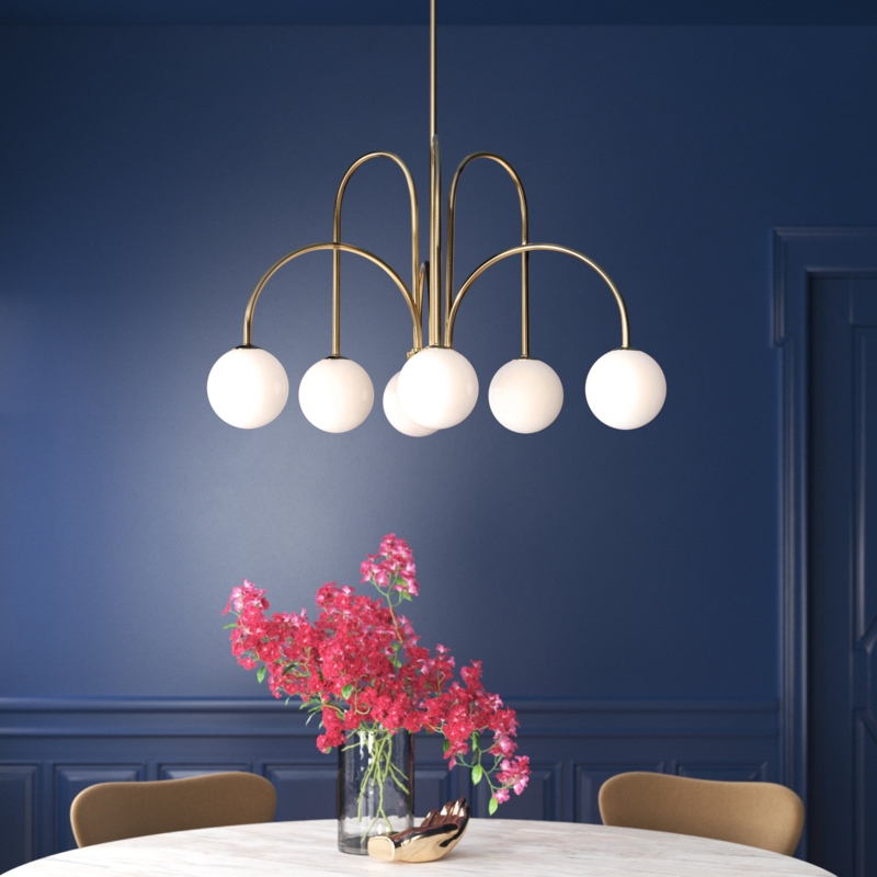 6-Light Art Deco Chandelier with Frosted Glass Shades