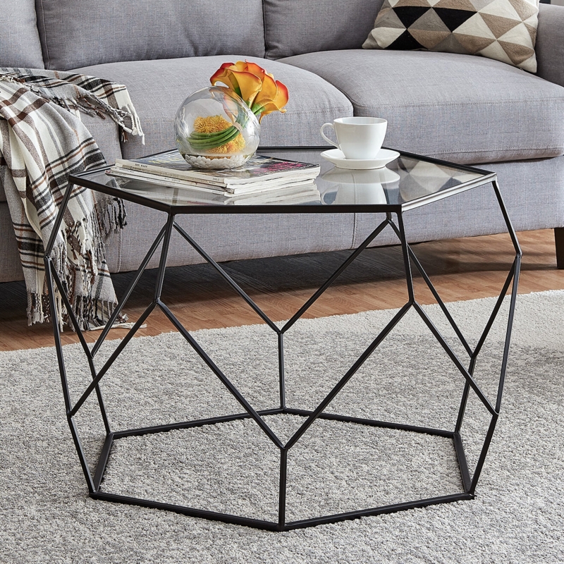Geometric Gold Coffee Table with Glass Top