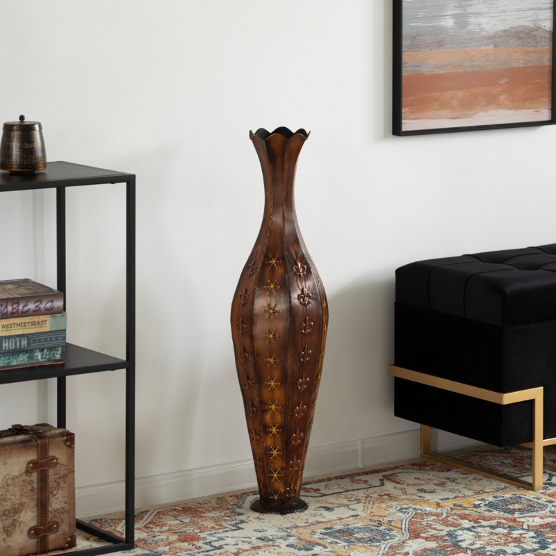 34" Embossed Metal Floor Vase