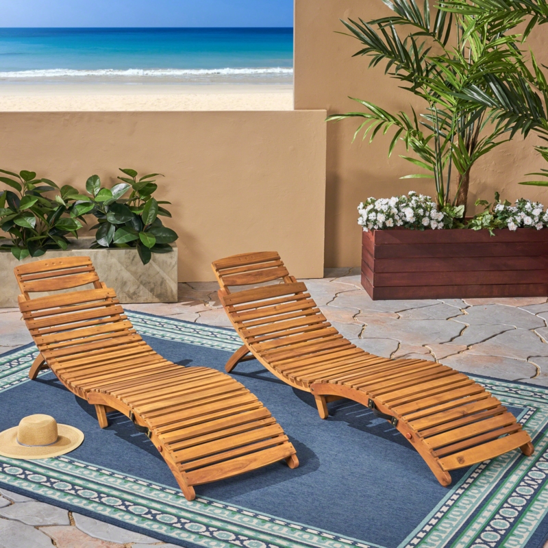 Acacia Wood Chaise Lounge Pair