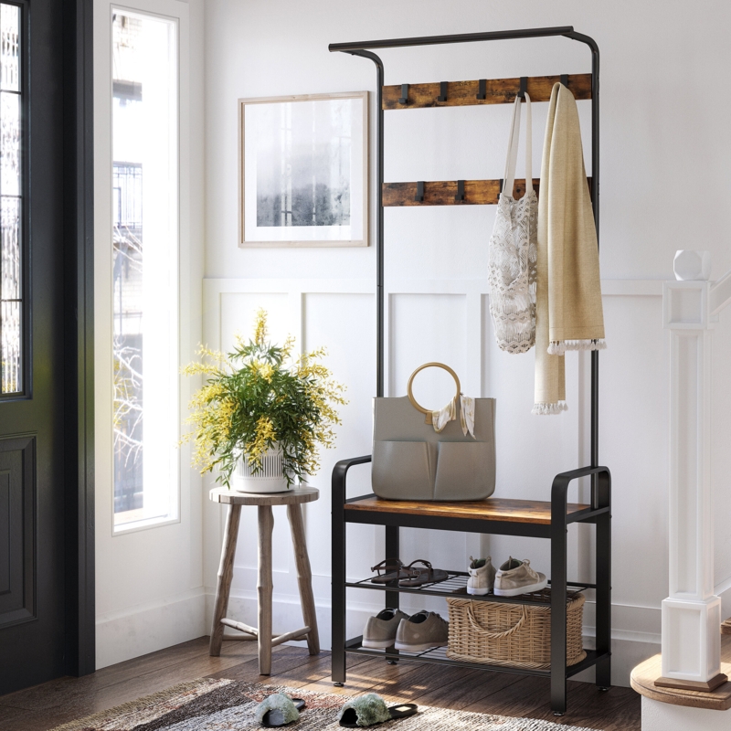 Industrial Entryway Hall Tree with Shelves