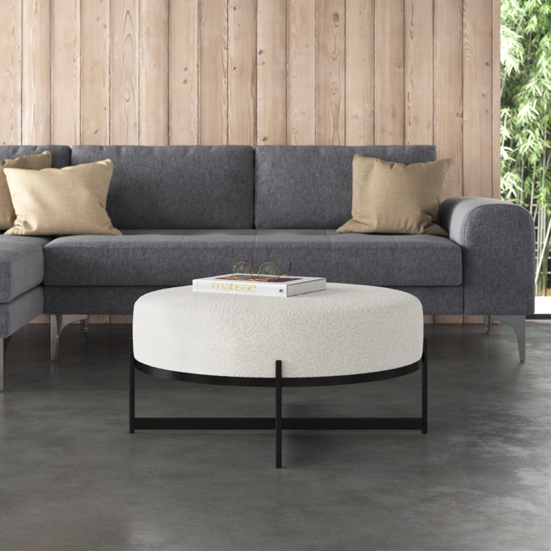 Bouclé Fabric and Metal Ottoman