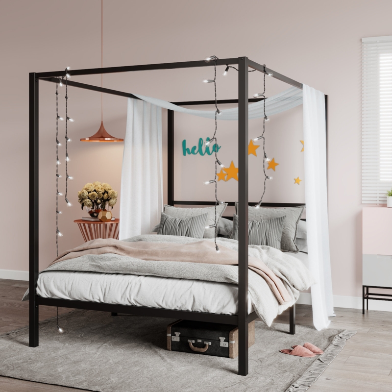 Metal Canopy Four-Poster Platform Bed Frame