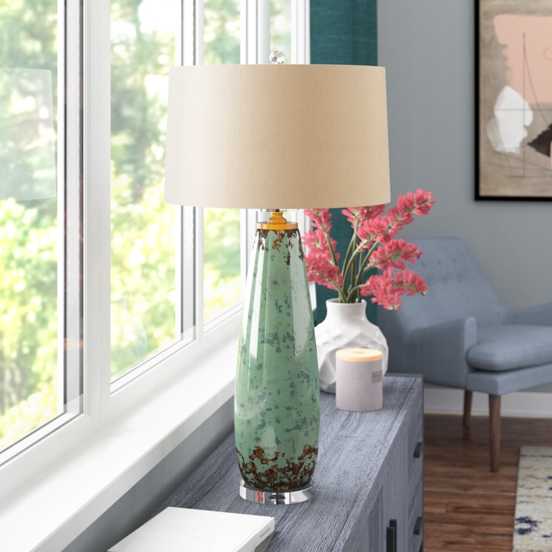 Crackled Ceramic Table Lamp with Crystal Foot