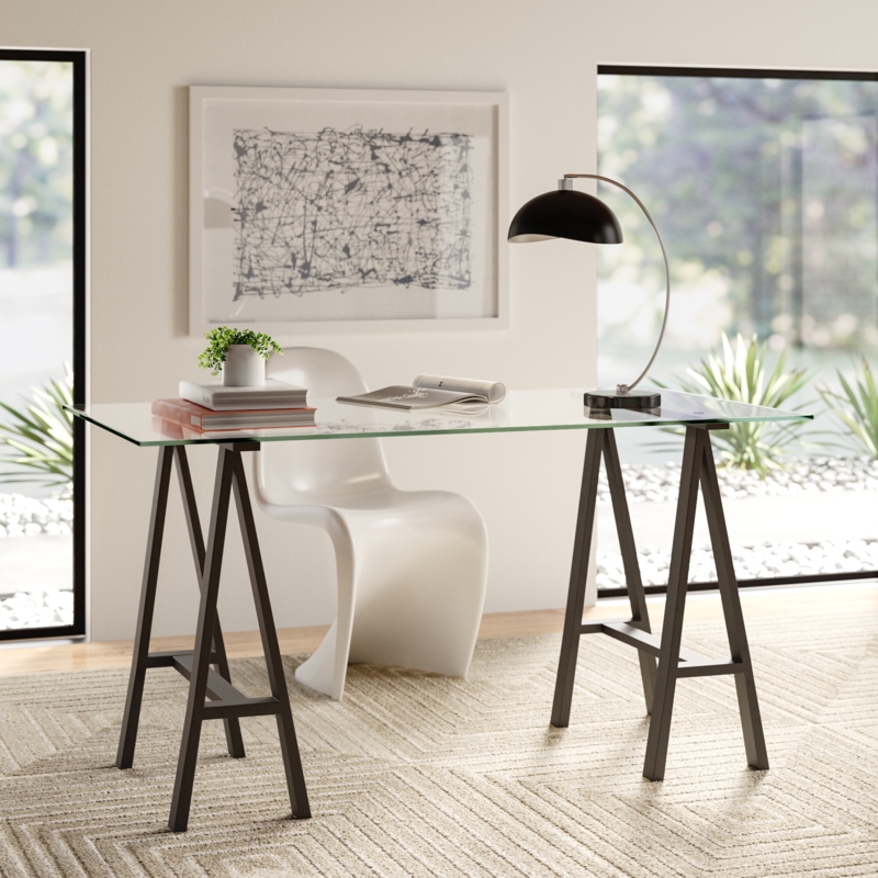 Glass Top Writing Desk with Sawhorse Legs