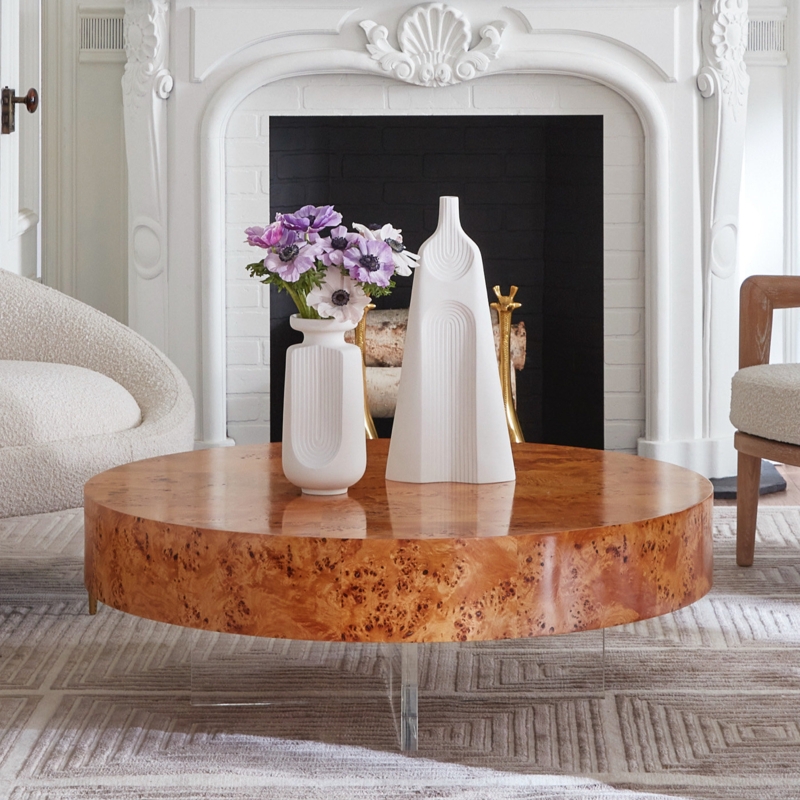 Burled Wood Round Cocktail Table with Acrylic Base