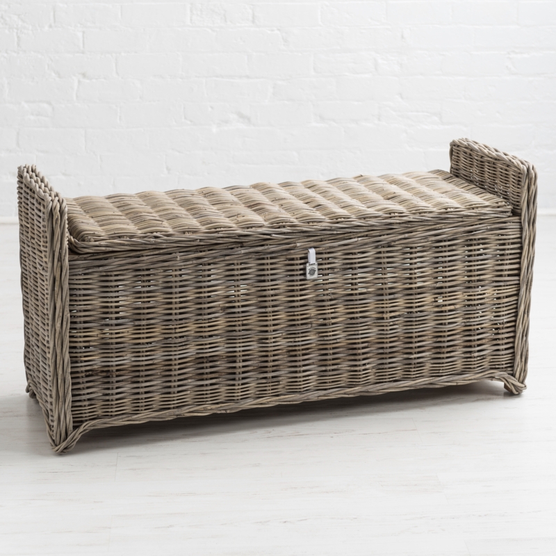 Rattan Storage Bench with Mahogany Frame