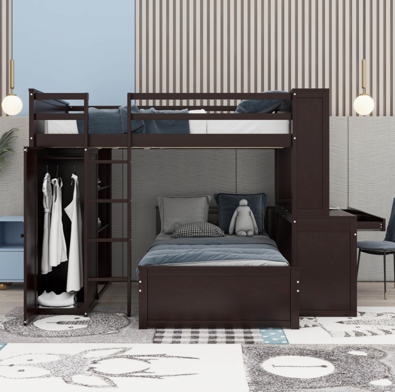 Full Size Loft Bed with Desk and Storage Shelves