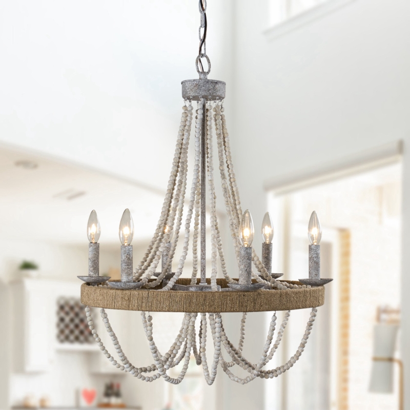 Rustic Boho 6-Light Wood Beaded Chandelier