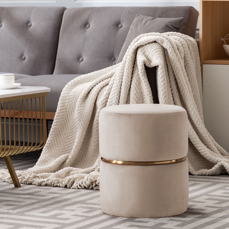 Upholstered Round Ottoman with Golden Rim