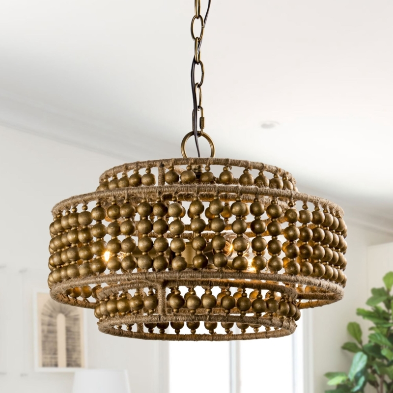 3-Light Wooden Bead Textured Chandelier