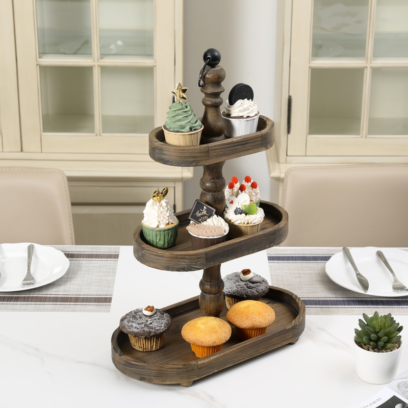 3 Tier Dessert Display Stand with Burnt Wood Finish